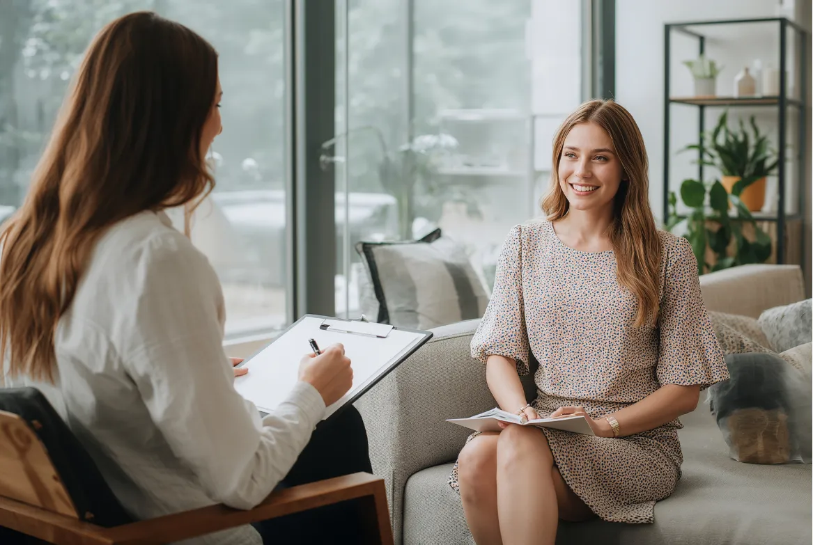 Two women sit indoors, one taking notes, the other smiling, during a conversation or counseling session.