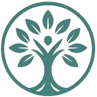 Teal tree with eight leaves inside a circle, stylized to resemble a person with raised arms.