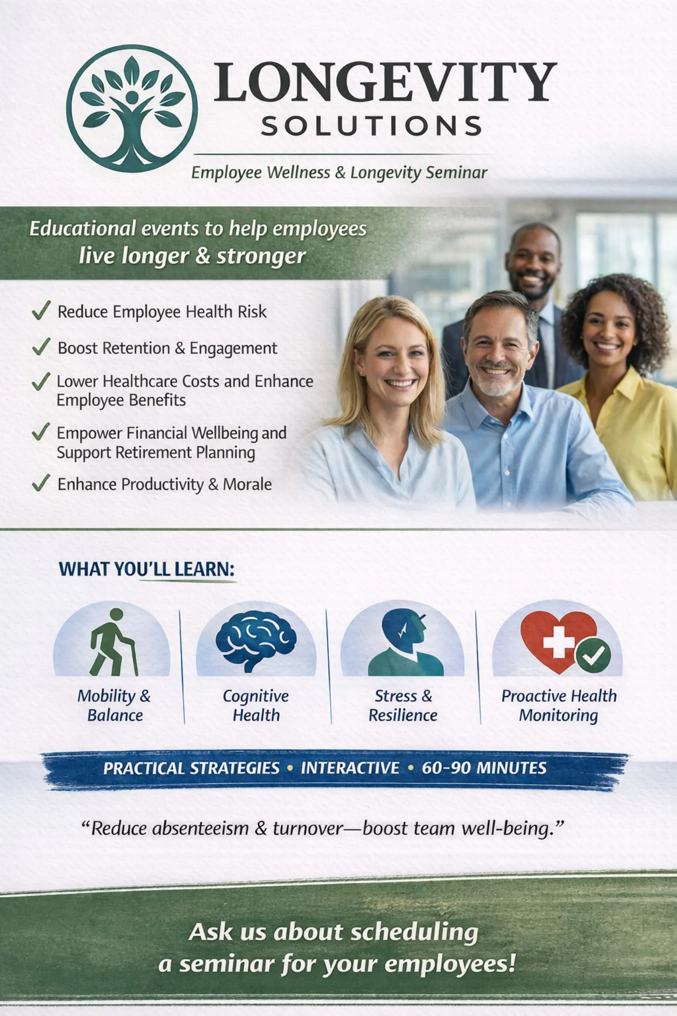 Employee Wellness Seminars 1 Flyer for Longevity Solutions seminar with smiling employees and wellness icons, promoting health and productivity.