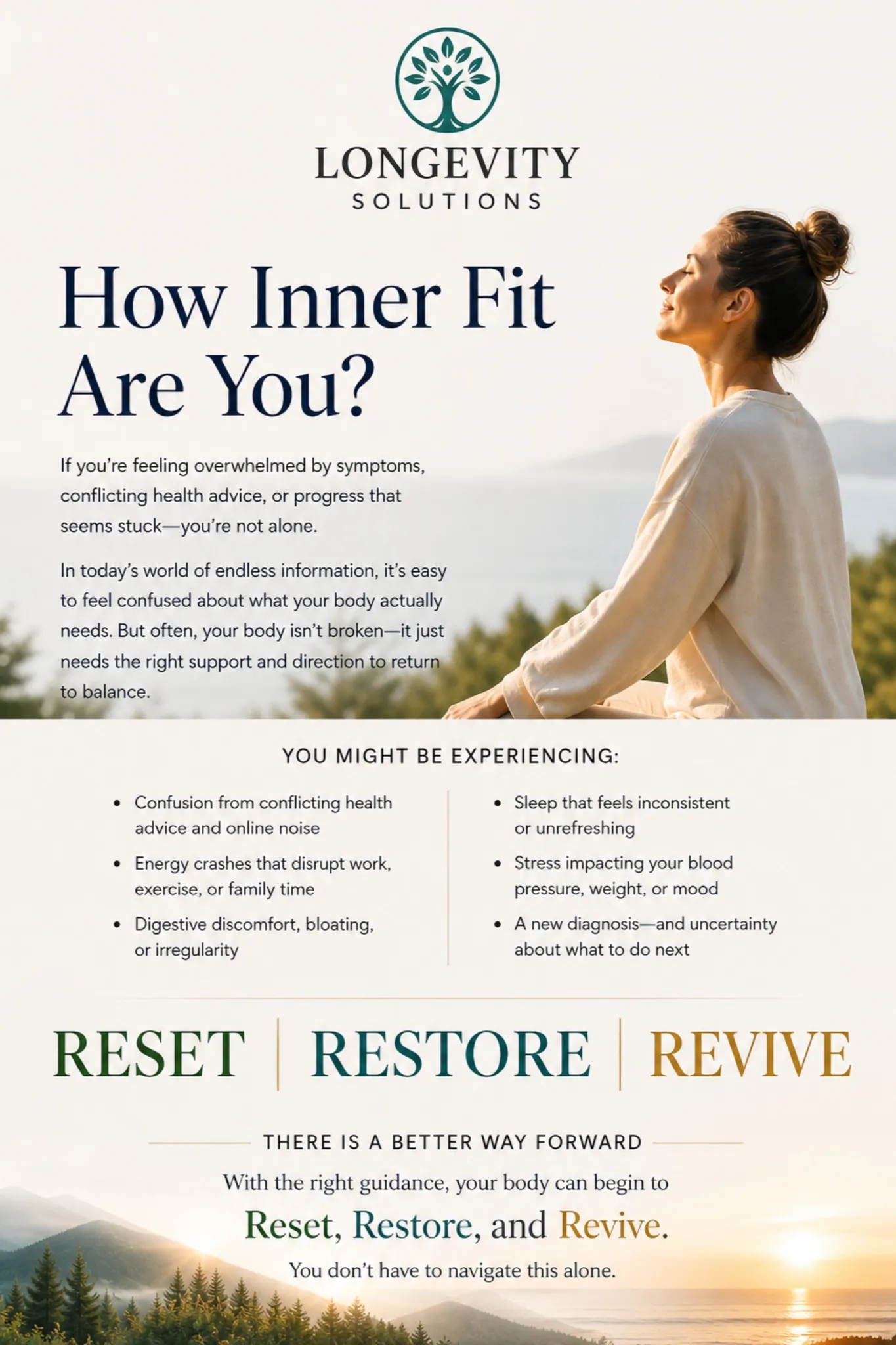 How Inner Fit Are You_ 1 Woman in a ponytail sits outside at sunrise with wellness tips and the words Reset, Restore, and Revive displayed.