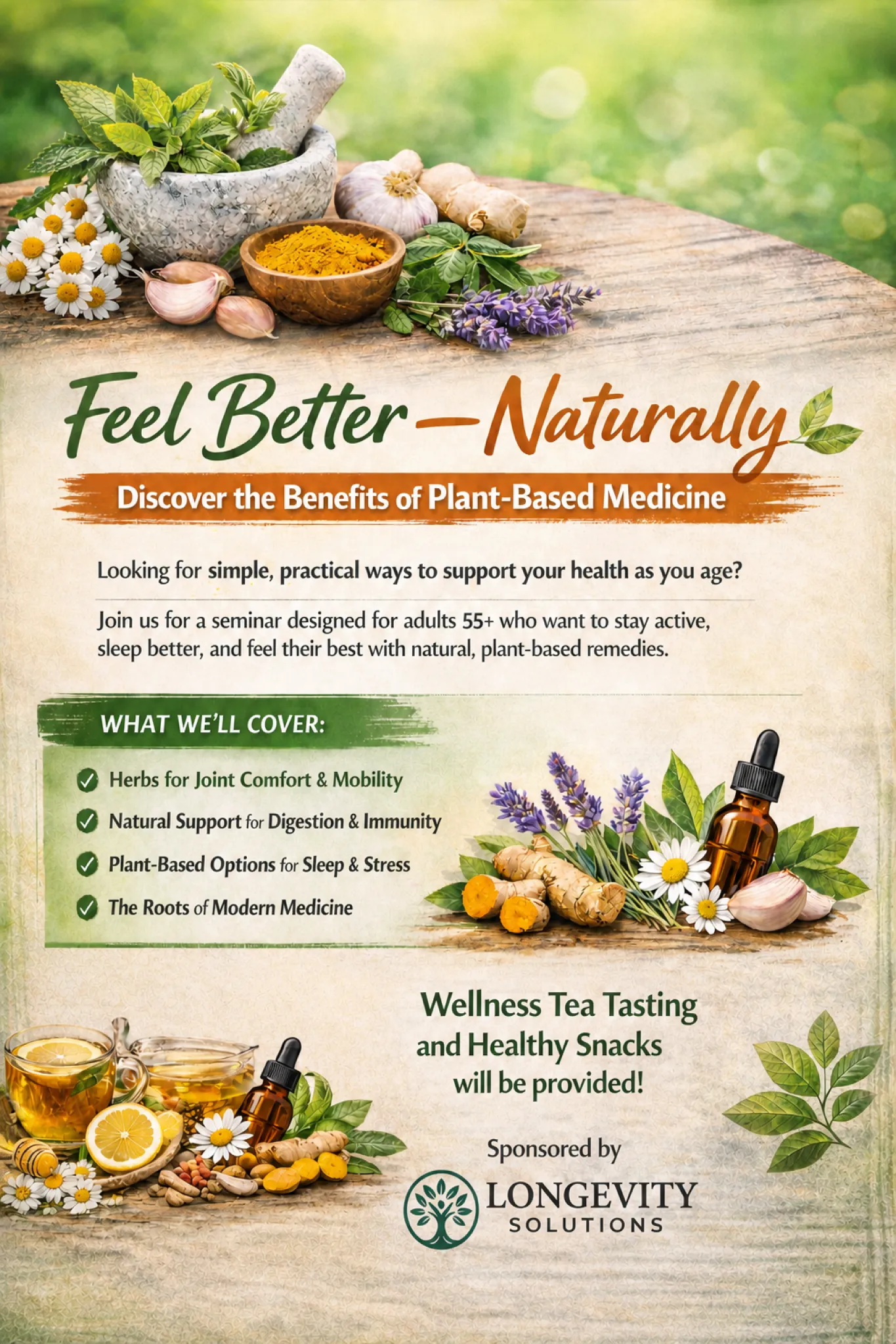 Natural Wellness_Plant Based Medicine 1 A flyer promoting a seminar on plant-based medicine, featuring herbs, supplements, and tea with event details.