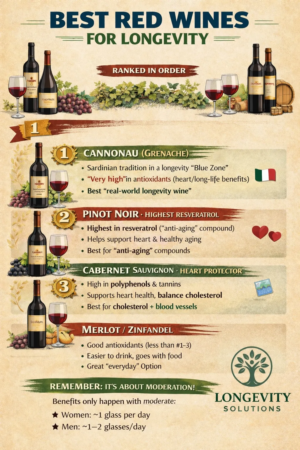 Recipe-5 Infographic ranking red wines for longevity with images of wine bottles, glasses, and health benefit icons.