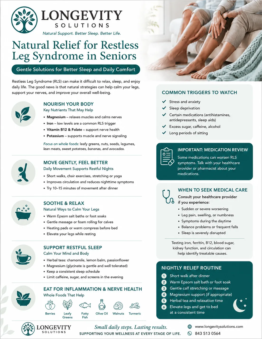 Restless Leg Syndrom RLS flyer 1 Informational flyer about natural relief for restless leg syndrome in seniors, with tips and supplement suggestions.