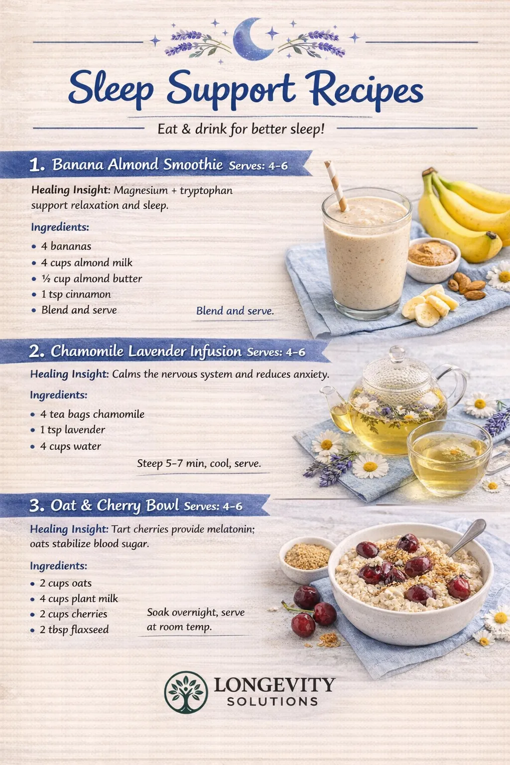 Sleep Recipes 1 Recipe sheet titled "Sleep Support Recipes" with images of smoothie, tea, and oat bowl, and ingredient lists.