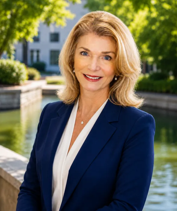Smiling woman in a blue blazer stands outdoors by water and trees on a sunny day.