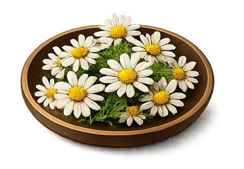 A round plate filled with white daisies with yellow centers and green leaves, arranged neatly.