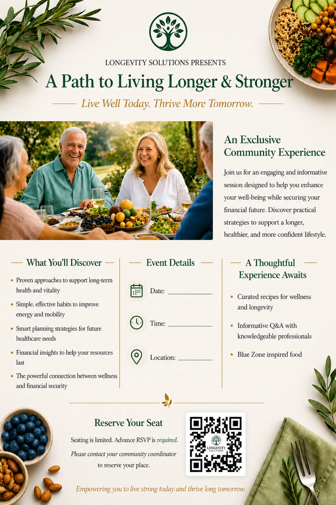 flyer for comm+ event Blue ZOnes 1 Smiling seniors sit at a table outdoors, surrounded by greenery, with wellness event details displayed nearby.