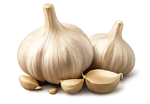 Two whole garlic bulbs with several loose garlic cloves in front of them on a plain surface.