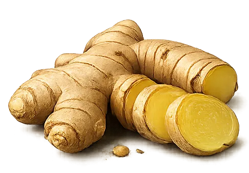 Whole ginger root with several round slices of fresh ginger in front.
