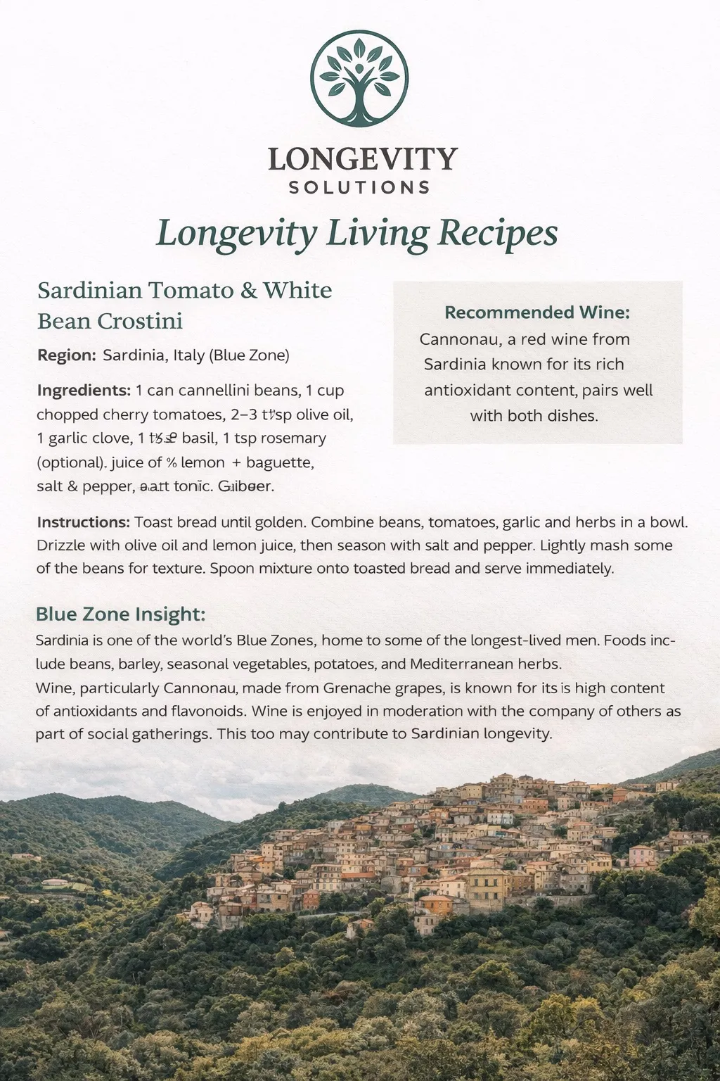 recipe-2 Recipe card featuring Sardinian Tomato & White Bean Crostini with ingredients, instructions, and wine pairing.