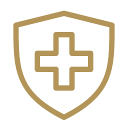 Gold shield outline with a cross symbol in the center, representing health or medical protection.