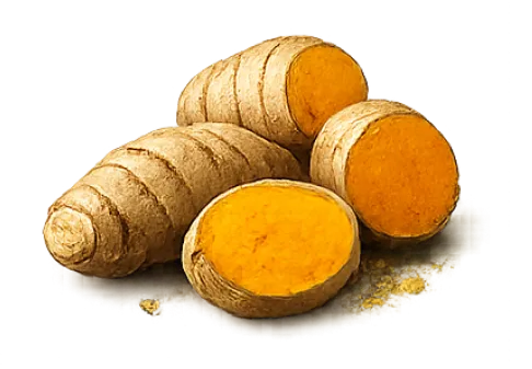 Whole and sliced turmeric roots showing their brown skin and vibrant orange interior.