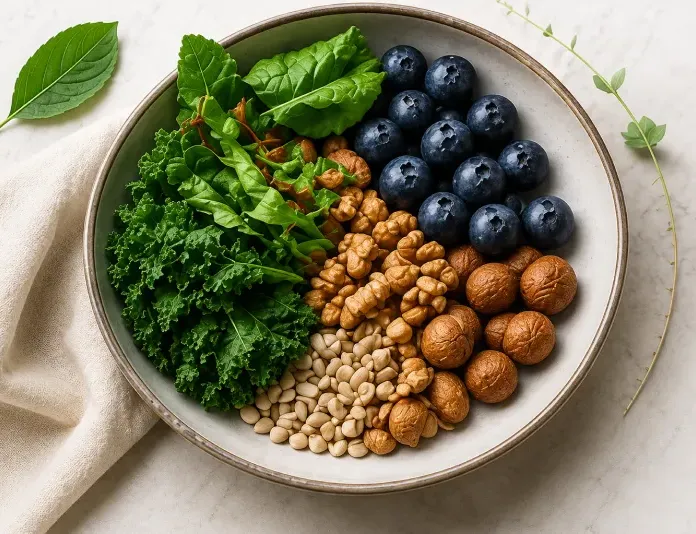 A bowl with leafy greens, blueberries, walnuts, hazelnuts, and sunflower seeds on a marble surface.