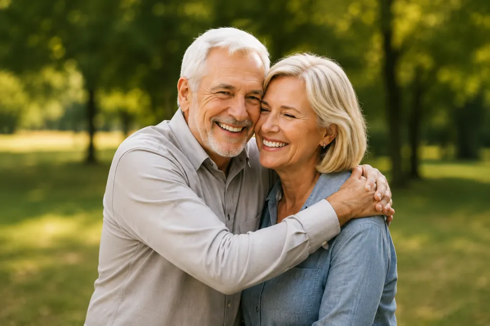 Smiling older couple embracing outdoors in a park with green trees in the background.