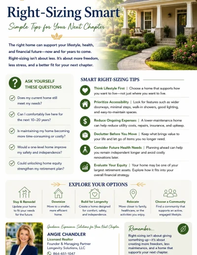 Infographic on smart tips for right-sizing your home with questions, advice, and contact info for Longevity Solutions.