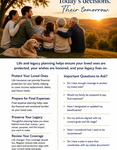 A family of five stands in a field at sunset. Text discusses life and legacy planning tips and questions to consider.