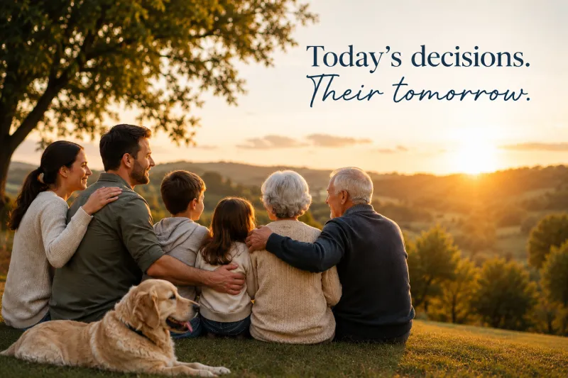 A family and their dog sit on grass at sunset, looking at the hills. Text reads: “Today’s decisions. Their tomorrow.”.